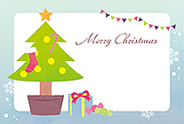 大きなクリスマスツリーとプレゼントが描かれ、聖夜の澄んだ空気が伝わってきそうなイラストカード。空いたスペースが十分にあるので、お好きなメッセージやイラストを書き込めます！