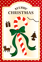 お菓子のパッケージのような可愛さがあるクリスマスカードです。赤と白のしましまキャンディやドット柄の背景がポップな印象★ポストカードにして飾れば、クリスマス気分もあがります