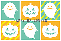 配色がオシャレなイラスト♪かぼちゃランタンと丸々としたオバケの、それぞれ違う表情も見ていて楽しいカードです。