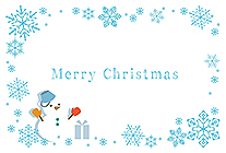 雪の結晶イラストが描かれた、冬を感じるクリスマスカード。両手を挙げた雪だるまのイラストも可愛いポイントです。