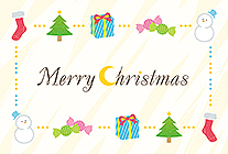 赤い靴下・ツリー・プレゼントのクリスマスイラストで縁取られたカードです。「Merry Christmas」の飾り文字も素敵◎そのまま印刷して、すぐにカードが作成できます。