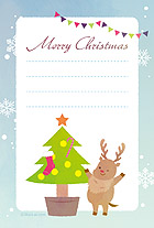 クリスマスツリーの飾りつけを楽しむトナカイのイラストです。優しい雰囲気のカードに癒されます♪罫線入りで、メッセージも書きやすくしています。