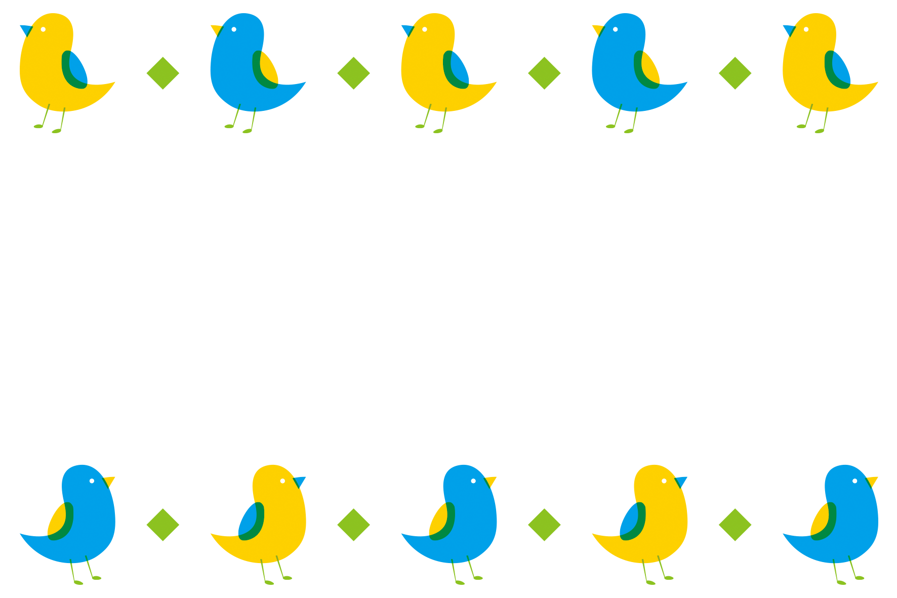 青い小鳥と黄色い小鳥の飾り枠です。シンプルなイラストや配色がオシャレな印象です♪酉年の年賀状にも使えそう！