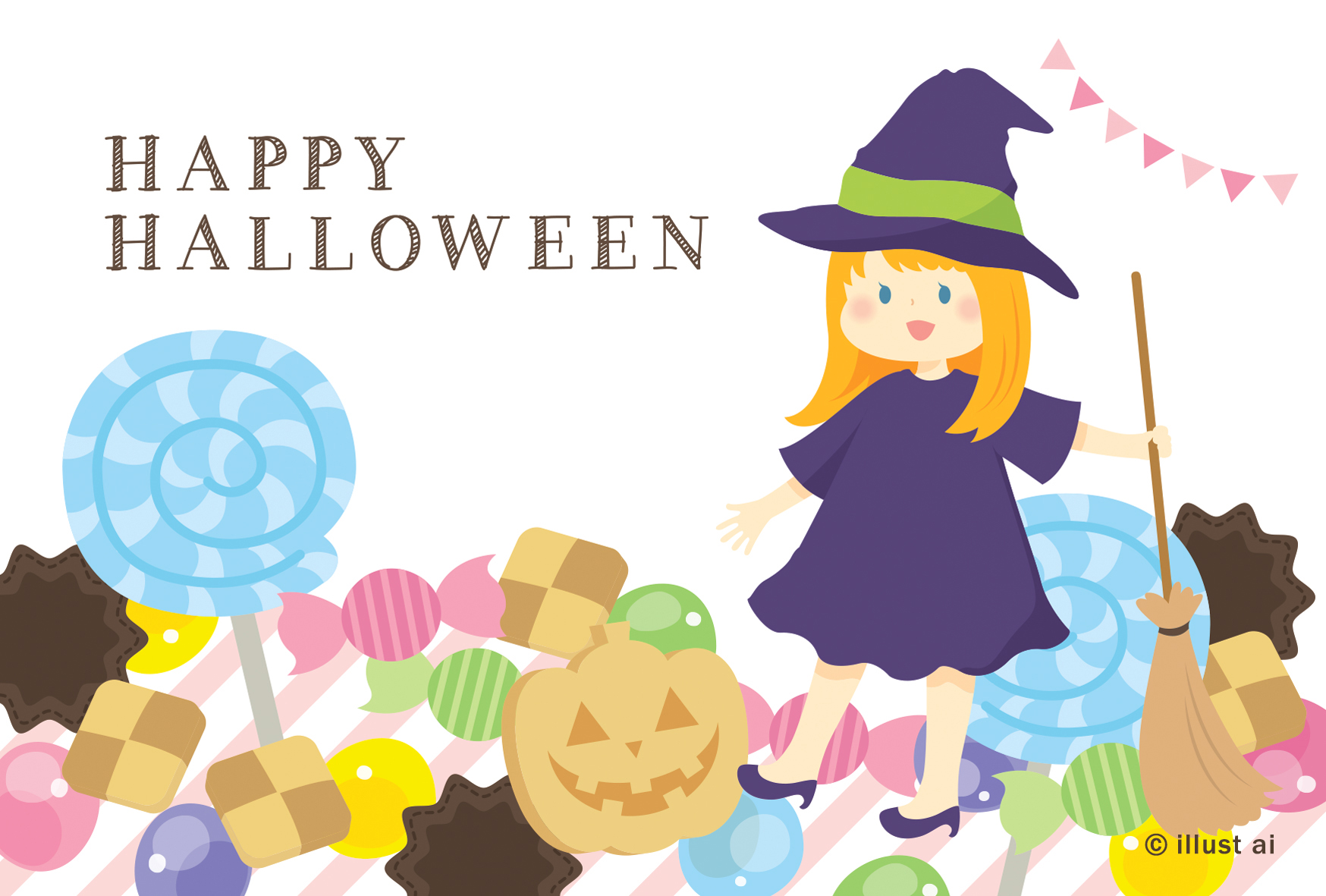 お菓子と可愛い魔女 ハロウィンカード2019 ポストカード イラスト素材サイト イラストareira Postcard Template