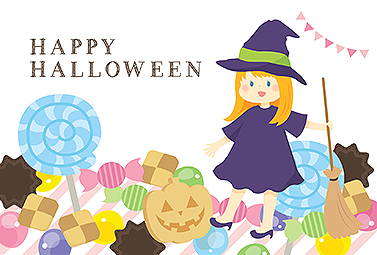 お菓子と可愛い魔女 ハロウィンカード 2019 かわいい 無料 イラスト