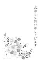 モノクロデザインの花束のイラストが描かれた寒中見舞いです。