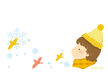 飛んでいく小鳥を眺めるニット帽の女の子 年賀状 亥年 2017 シンプル 無料 イラスト
