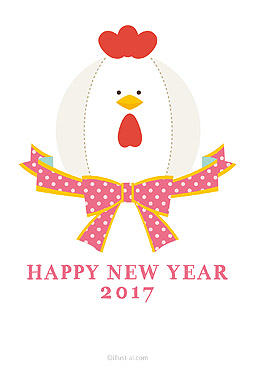 キュートなドット柄リボンとニワトリ 年賀状 亥年 2017 かわいい 無料 イラスト