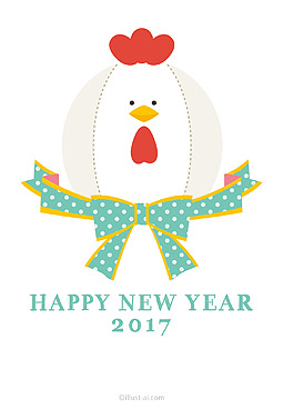 キュートなドット柄リボンとニワトリ 年賀状 亥年 2017 かわいい 無料 イラスト