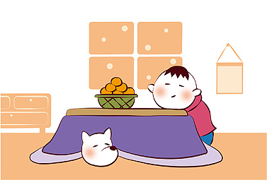 こたつでのんびりワンコと男の子 年賀状 戌年 2018 コンテスト 無料 イラスト