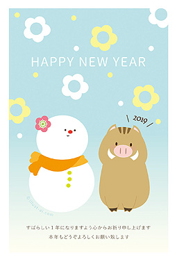 花の飾りがかわいい雪だるまとイノシシ 年賀状 亥年 2019 かわいい 無料 イラスト