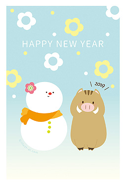 花の飾りがかわいい雪だるまとイノシシ 年賀状 亥年 2019 かわいい 無料 イラスト