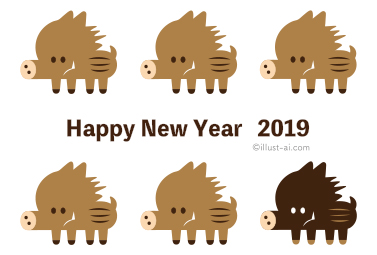 6匹の猪のイラスト 年賀状 亥年 2019 干支 無料 イラスト