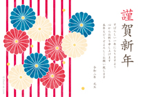 三色の菊の花とストライプ柄のデザイン