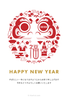 たくさんのお正月モチーフで飾られたシンプルなダルマの年賀状イラスト。小槌や扇などの縁起の良い物が集まっているので、新年の挨拶状にぴったりです。まん丸の赤いダルマが日の出の太陽にも見えますね♪ダルマの目に書かれている2020がポイントです。日ごろお世話になっている方への新年の挨拶や近況報告に「お正月モチーフで飾られたダルマのイラスト」を送ってみてはいかがでしょうか？挨拶文が書いていないタイプもご用意がございますので、お好みで使い分けてご利用下さい。