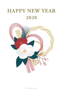 椿で飾られたシンプルなしめ縄と水引の年賀状イラスト 年賀状 辰年 2020 シンプル 無料 イラスト