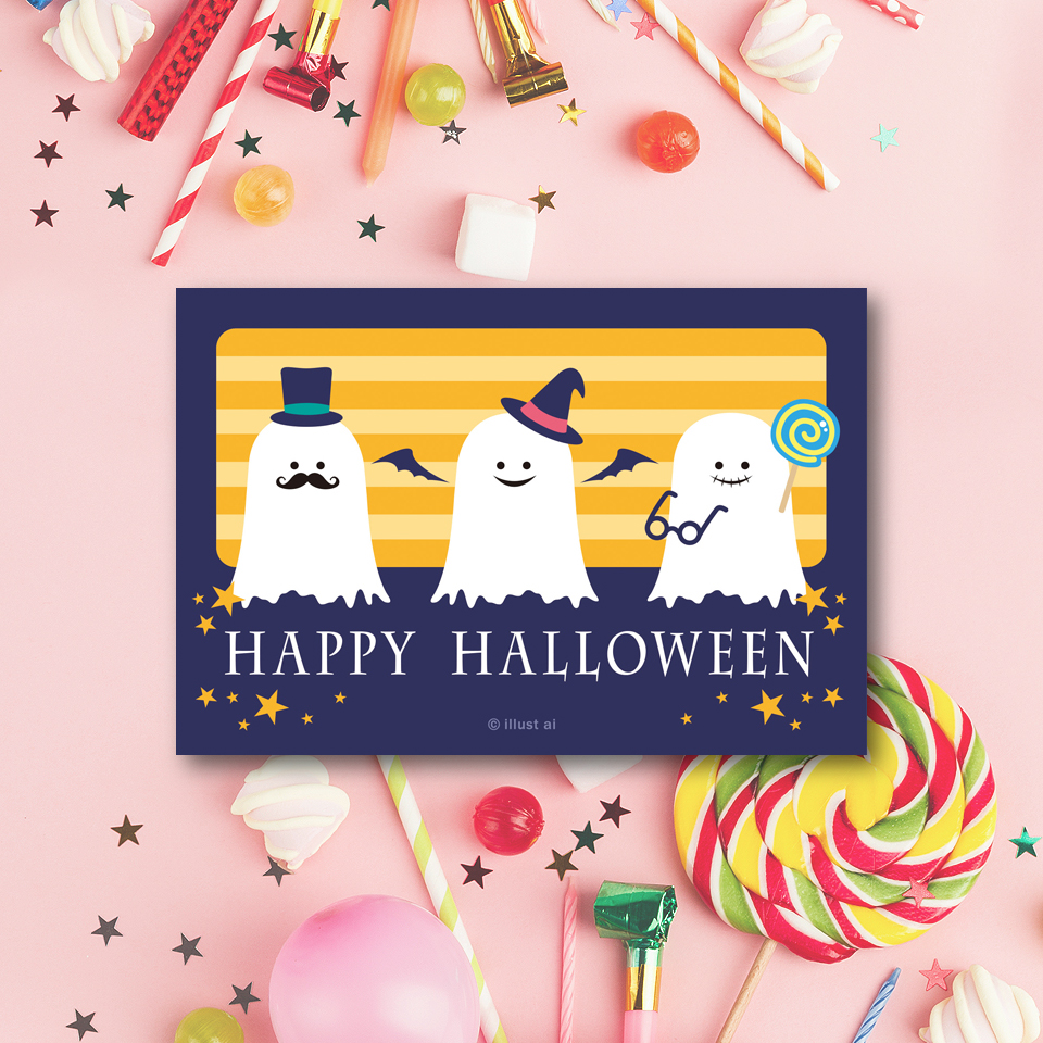 👻かわいいオバケの3兄弟👻とっても可愛らしい、オバケの3兄弟のイラスト✨おめかしして、これからパーティーに出かけるのでしょうか♪ポップなデザインなので、お子様や若い女性の方にオススメしたいハロウィンカードです😊💕