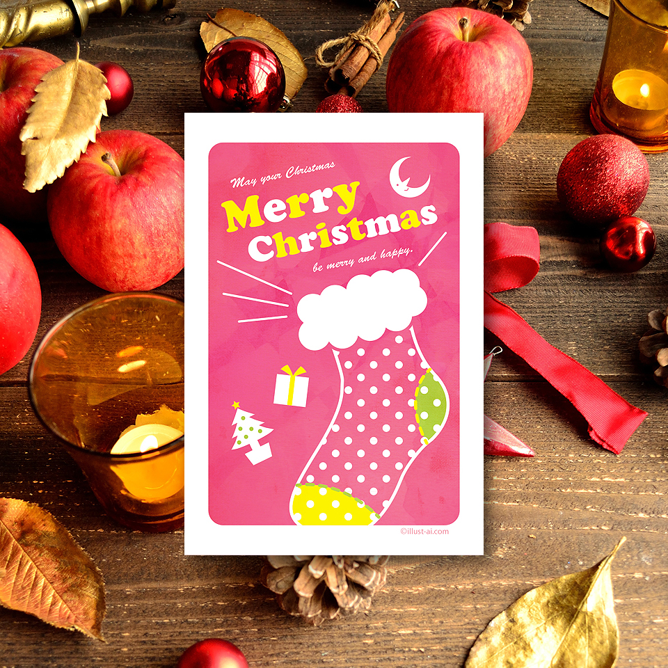 🎁ピンクのかわいいクリスマス靴下🎁ピンクでまとめられた、ポップなデザインのクリスマスカード♪明るく元気な配色がステキです😆💕プレゼントに添えたり、ポストカードにして飾ることが出来ます✨
