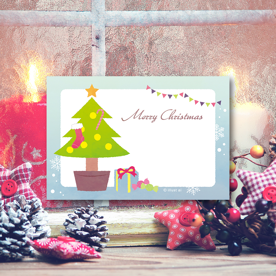 🎄手書きメッセージOKのツリー＆プレゼント🎄大きなクリスマスツリーとプレゼントが描かれたイラストカード♪聖夜のような、優しい雰囲気が伝わってきます✨空いているスペースにお好きなメッセージを描き込んで、ぜひ贈り物に添えて下さい🎁