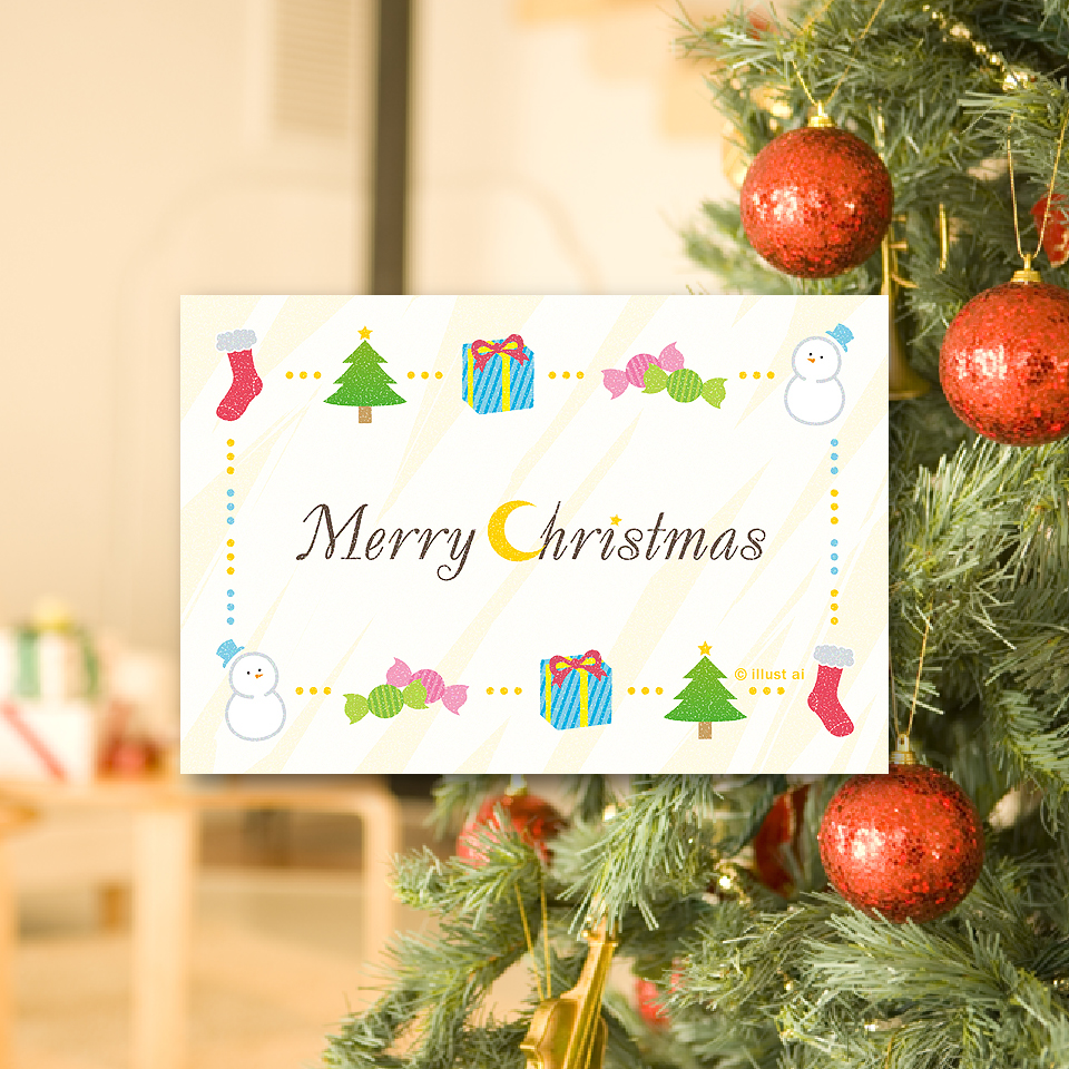 ⛄️雪だるま＆ツリー＆靴下の飾りフレーム🎄クリスマスモチーフで縁取られたイラストカード♪「Merry Christmas」の飾り文字が素敵です✨優しい雰囲気で、お子様や女性の方にオススメのカードです😊